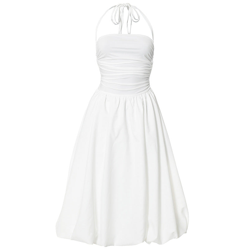 Tie-Strap Ruched Drop-Waist Bubble-Hem Midi Dress 14