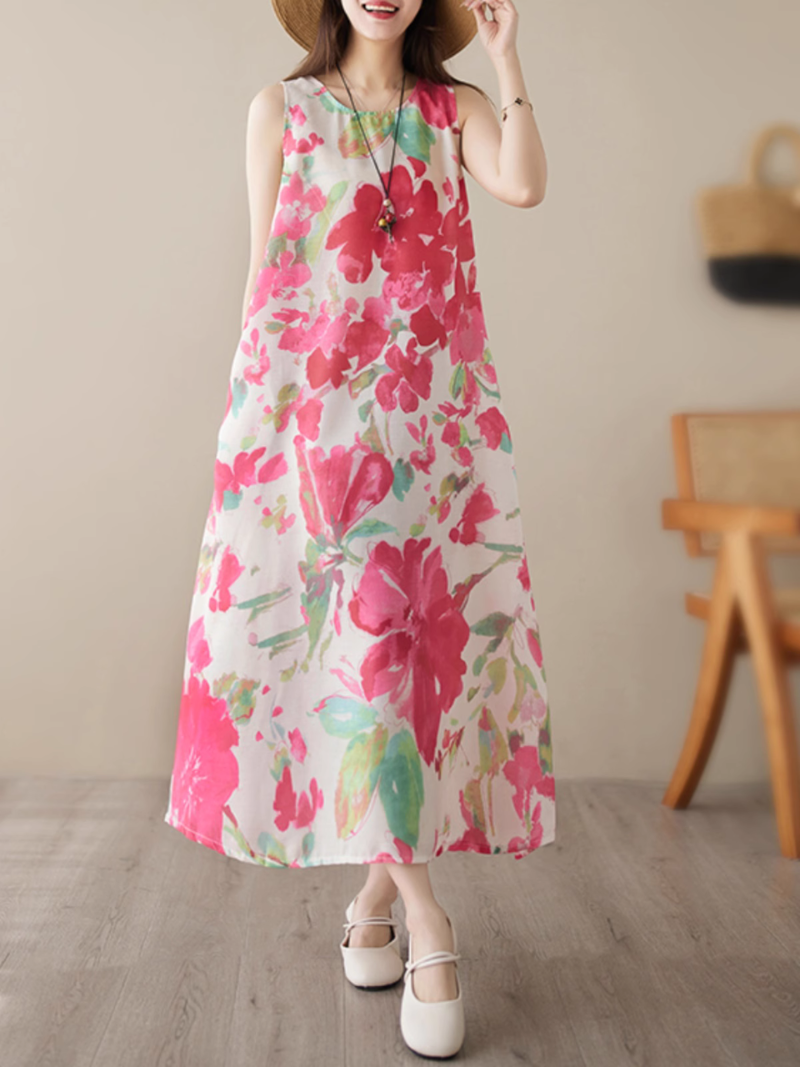 Floral Print Round Neck Sleeveless A-Line Midi Dress