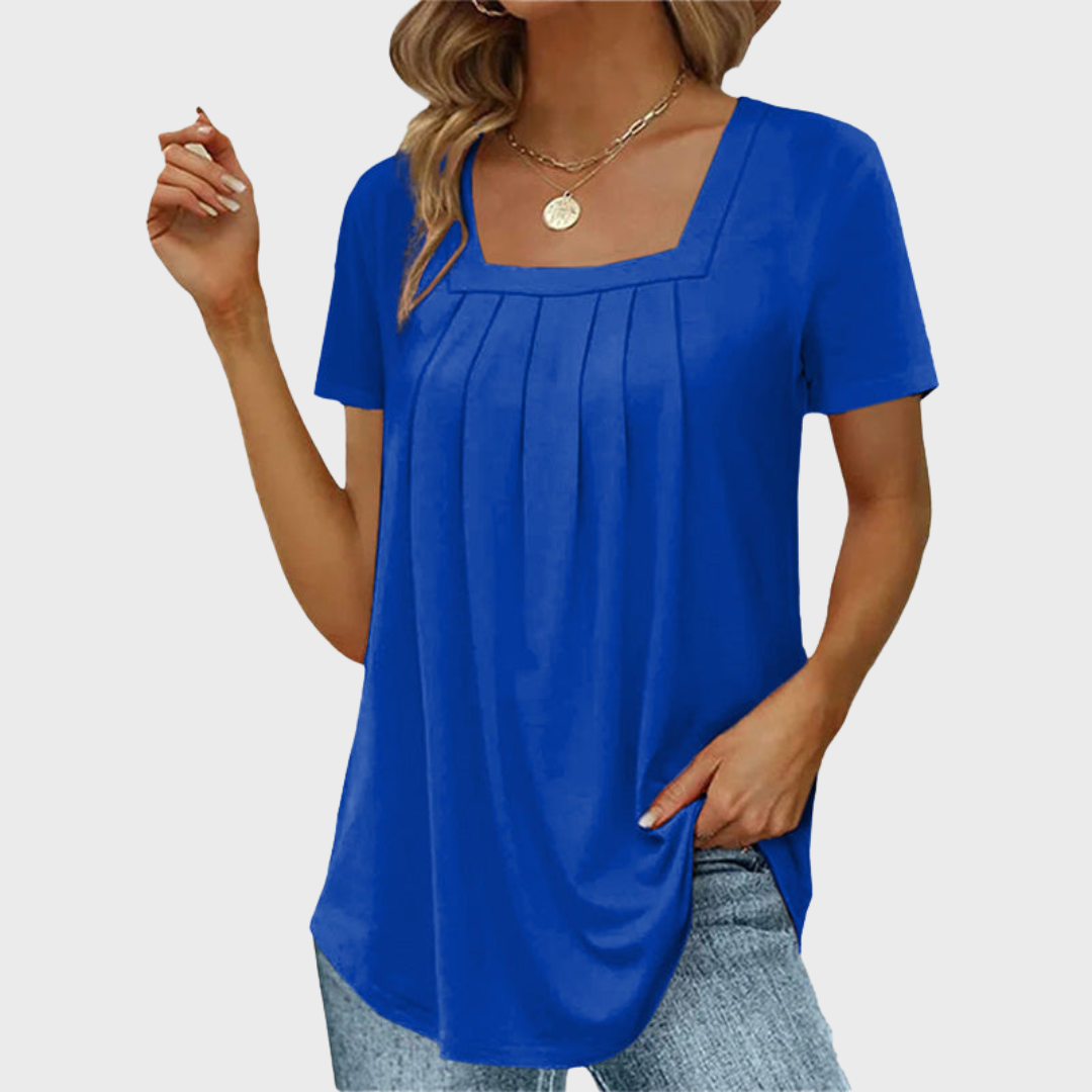 Square Neck Short Sleeve Pleated Front Tunic Top 6