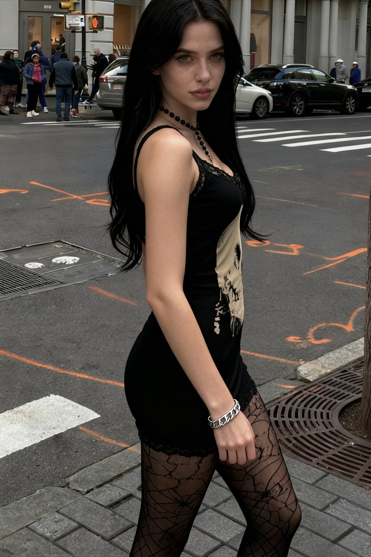Skull Print Lace-Trim Scoop-Neck Sleeveless Bodycon Mini Dress