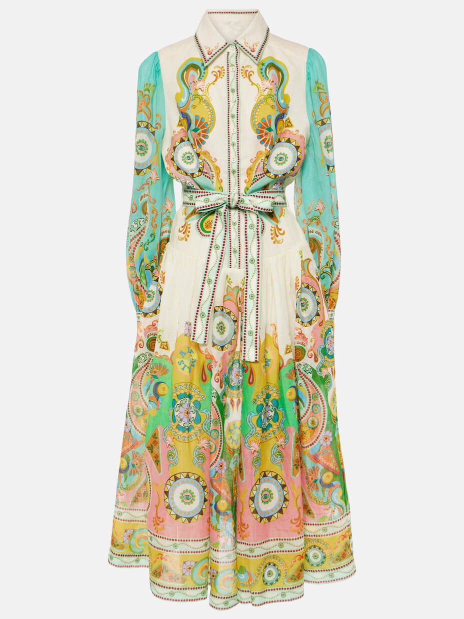 Unique Exquisite Print Puff Sleeve Tie Midi Dress - Fashionpara