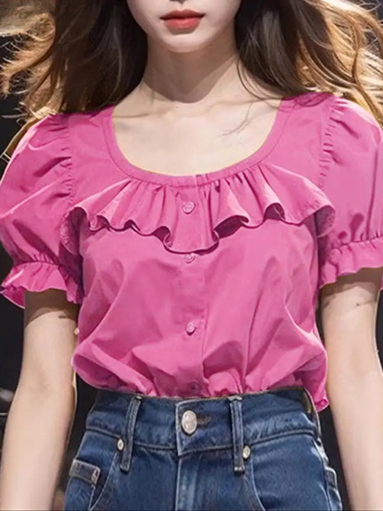 Ruffled Solid Puff Sleeve Casual Tunic Blouse