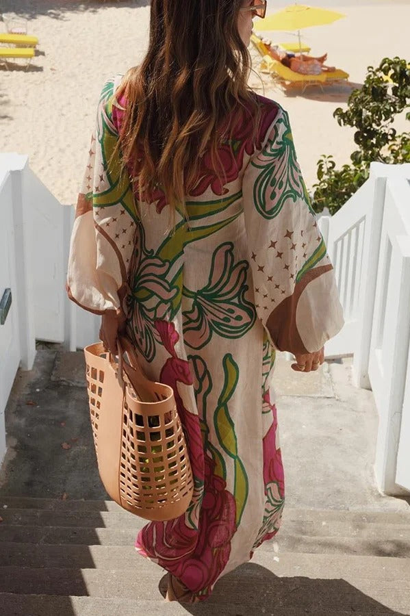 Tracey Linen Blend Unique Print Balloon Sleeve Tie-up Tunic Maxi Dress - Fashionpara