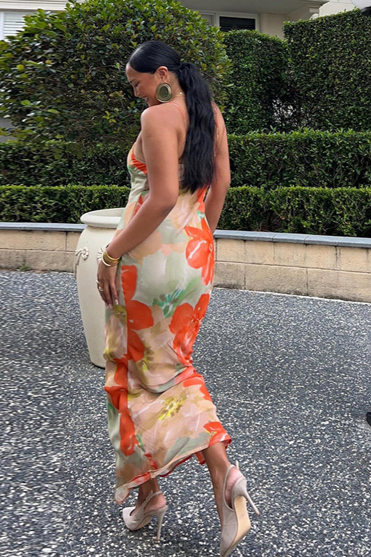 Floral Print Scoop Neck Tie Front Slip Maxi Dress 5