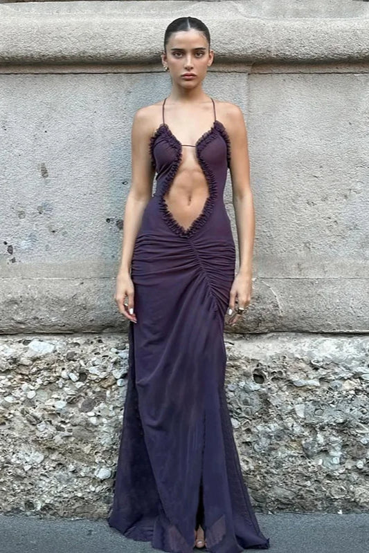 Plunge Strappy Cutout Ruched Maxi Dress