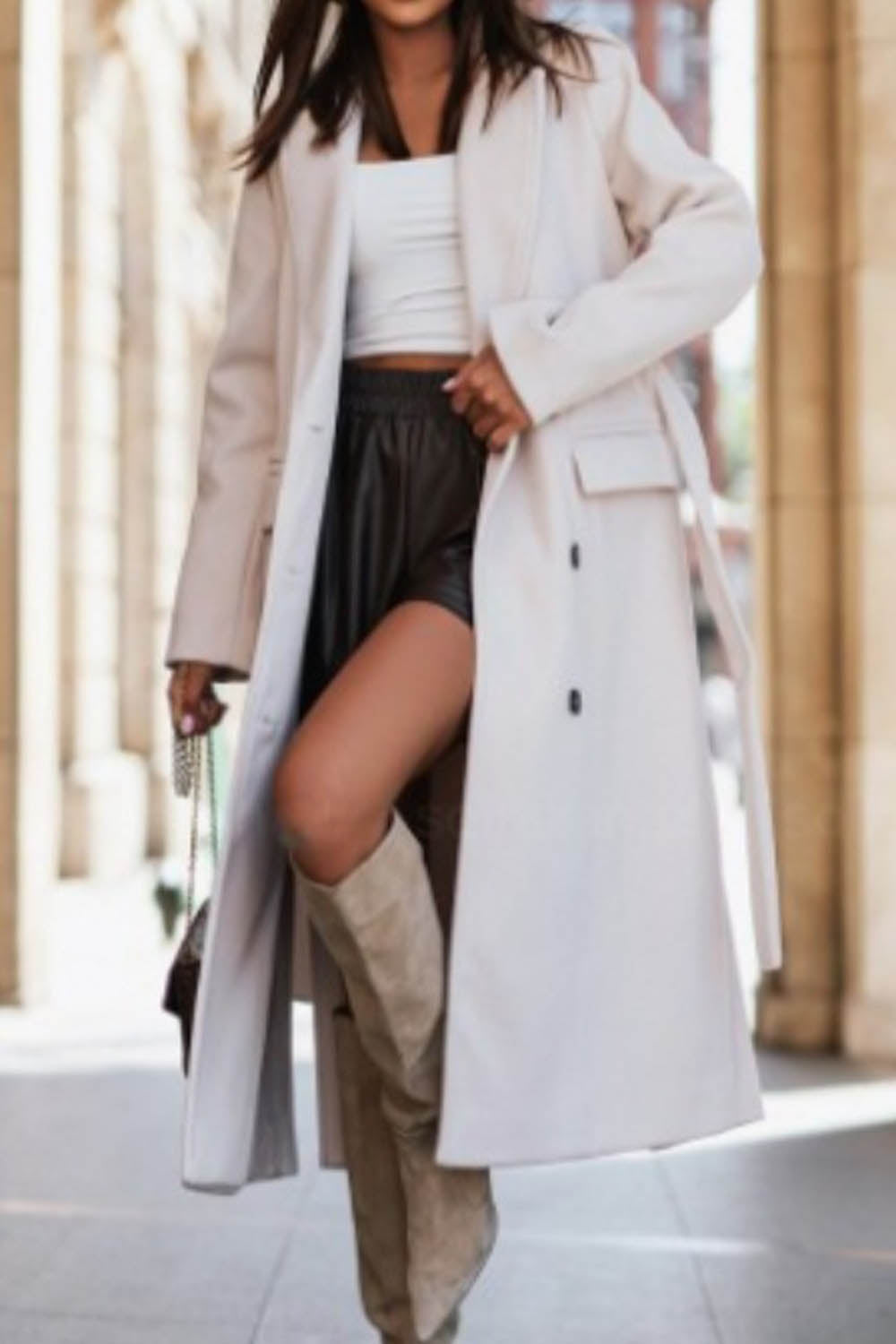 Simple Long Sleeve Suit Collar Lace Up Woolen Coat - Fashionpara