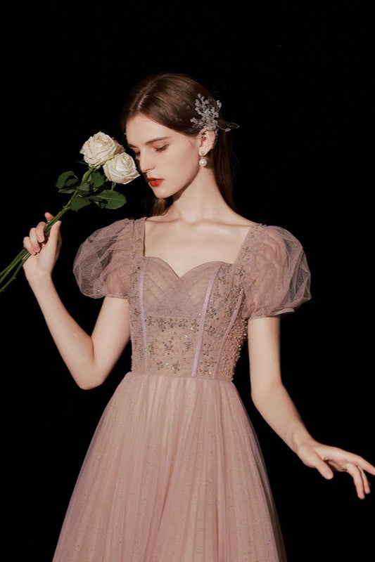 Square Neck Puff Sleeve Glitter Tulle A-Line Prom Gown - View 3