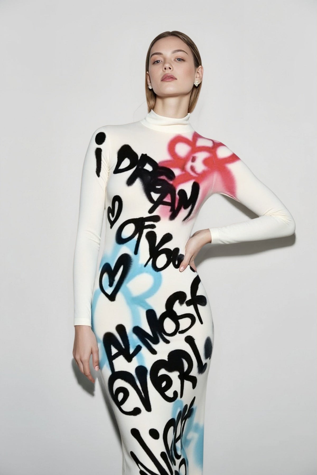 Graffiti Print High-Neck Long Sleeve Column Maxi Dress