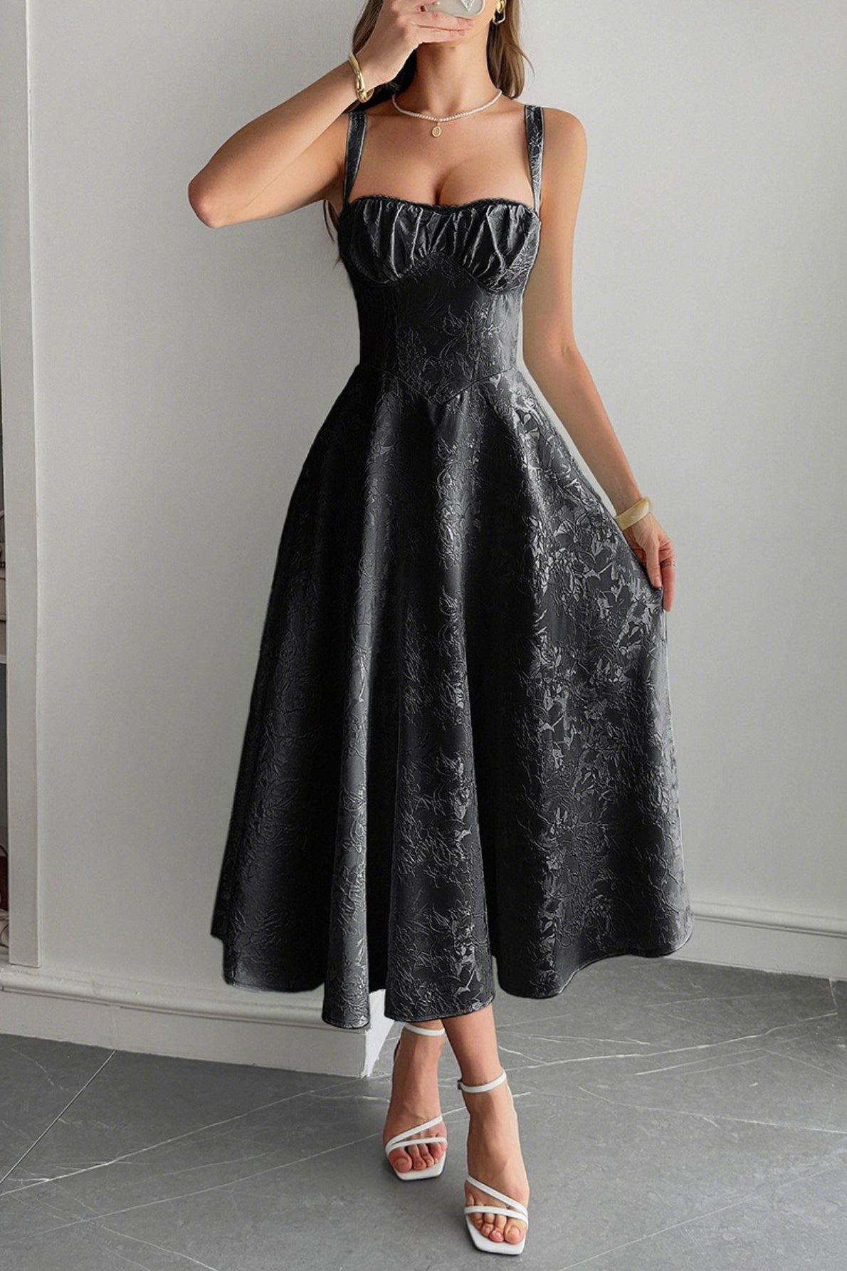 Spaghetti Strap Jacquard Maxi Formal Dress