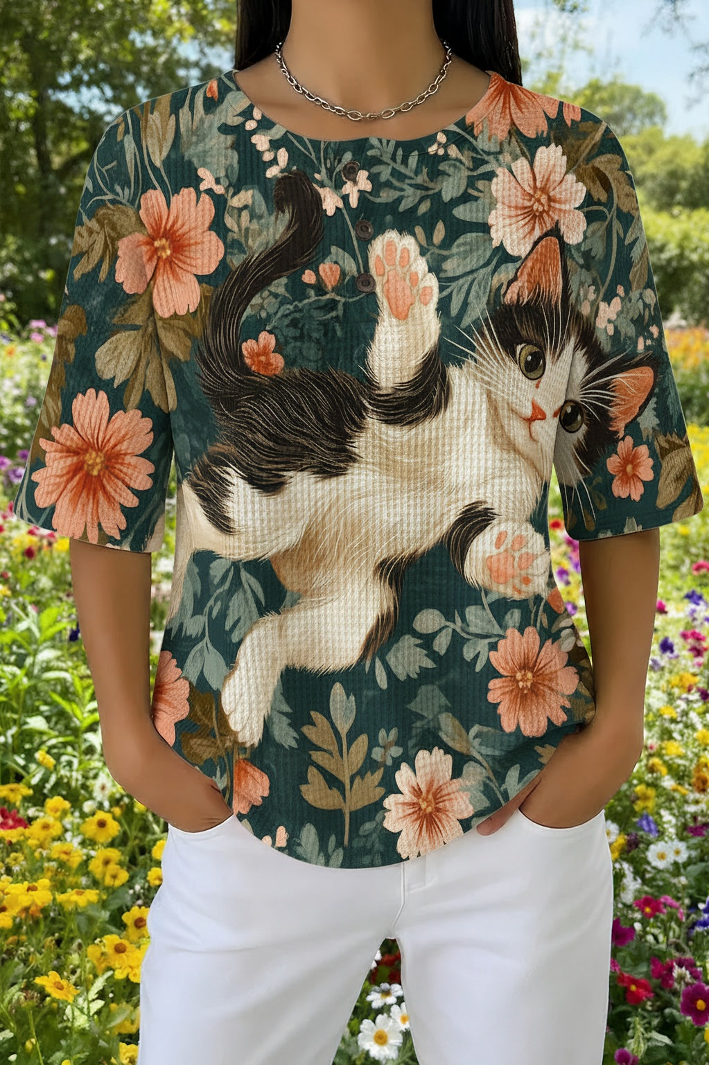 Floral Cat Print Waffle Knit Short Sleeve Top