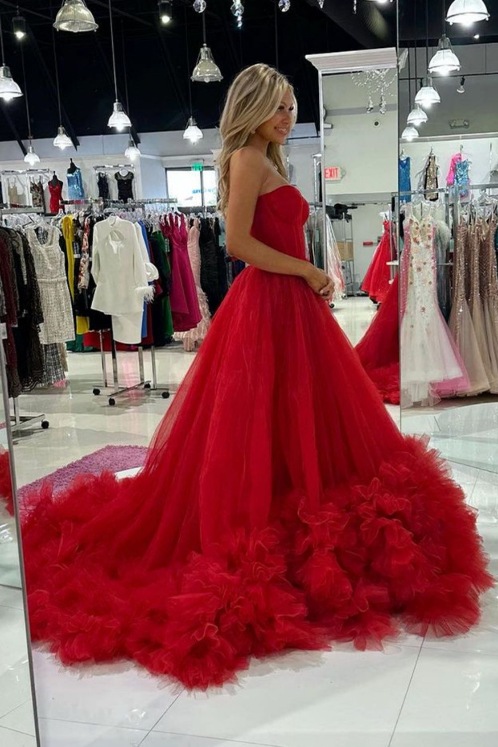 Charming A Line Sweetheart Red Corset Prom Dress with Ruffles