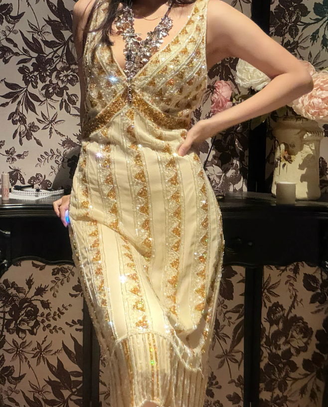 Vintage Champagne Gold Mermaid V-neck Sequined Prom Dress Evening Dress P4170