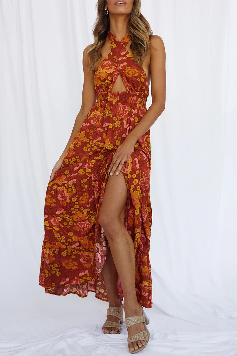 Sexy Vacation Floral Bandage Flounce With Bow Printed Dress Dresses Fashionpara