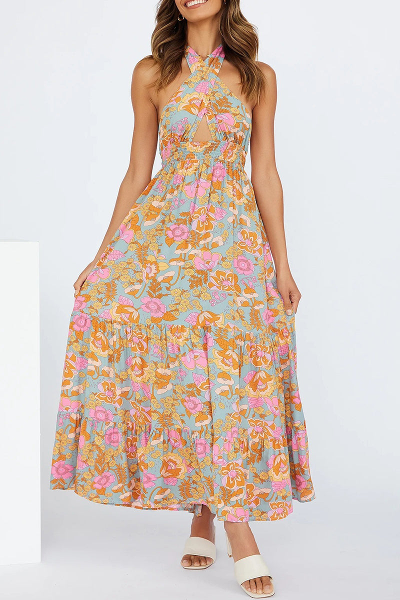 Sexy Vacation Floral Bandage Flounce With Bow Printed Dress Dresses Fashionpara