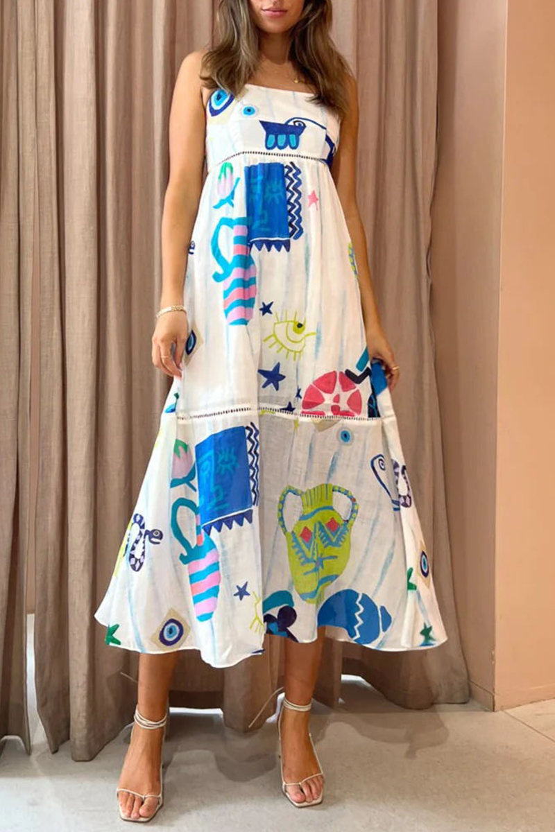 Sweet Elegant Print Patchwork Sling Dress Dresses - Fashionpara