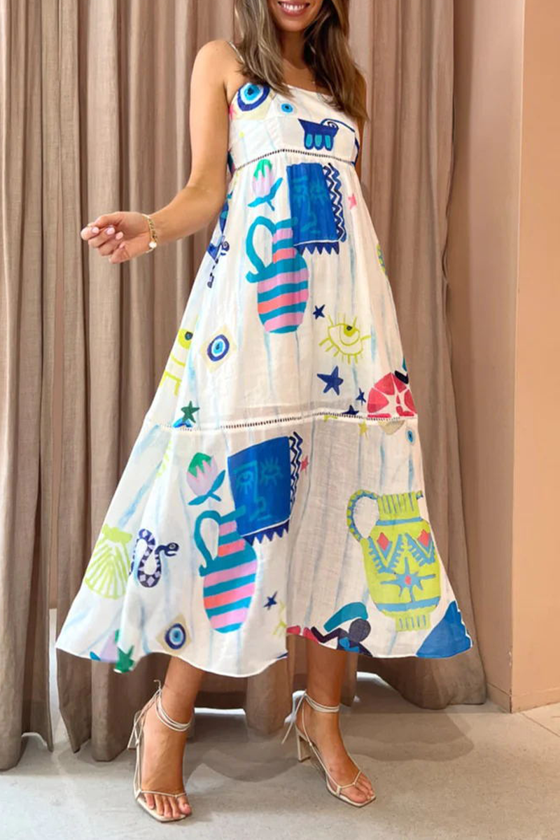 Sweet Elegant Print Patchwork Sling Dress Dresses - Fashionpara