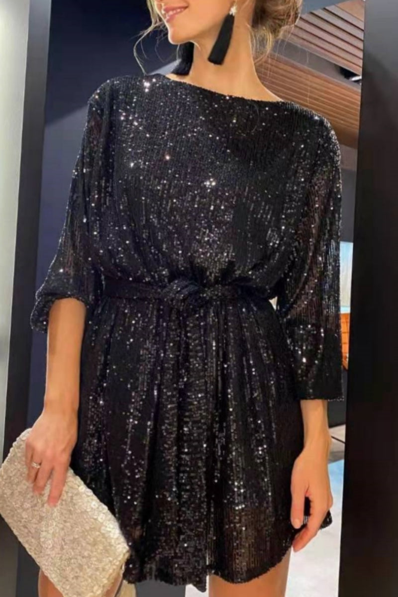 Casual Patchwork Sequins O Neck Long Sleeve Dresses  Fashionpara