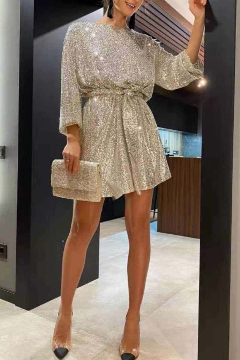 Casual Patchwork Sequins O Neck Long Sleeve Dresses  Fashionpara