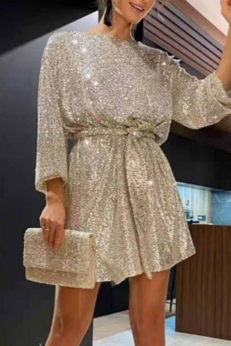 Casual Patchwork Sequins O Neck Long Sleeve Dresses  Fashionpara