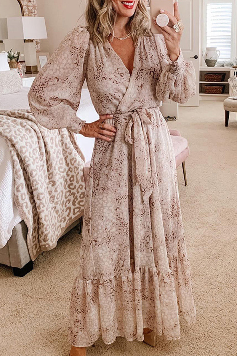 Elegant Leopard Bandage Flounce V Neck A Line Dresses - Fashionpara
