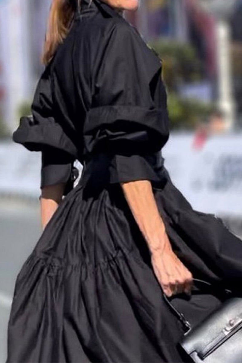 Casual Solid Fold With Belt Turndown Collar Long Sleeve Dresses(No Belt) - Fashionpara