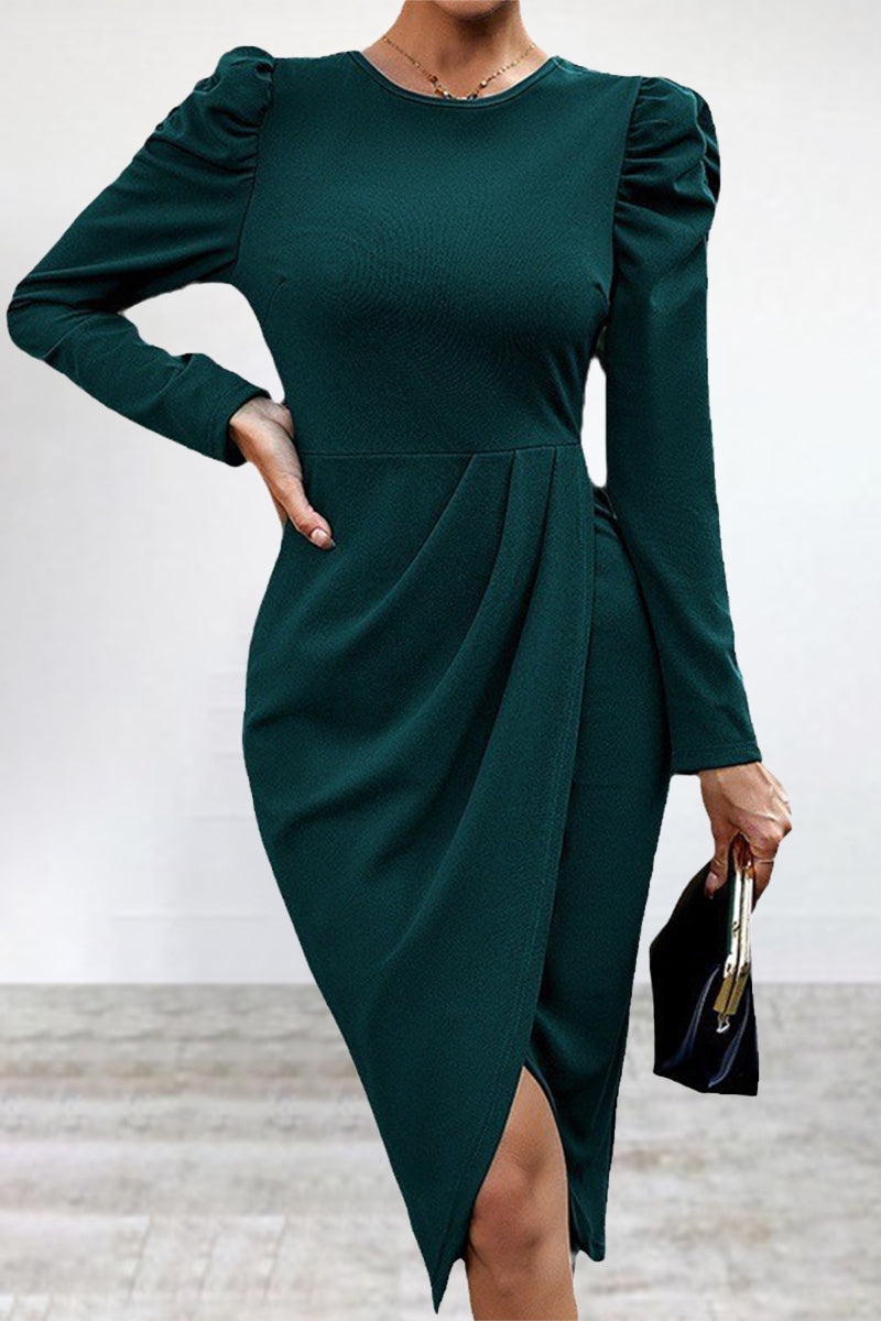 Elegant Solid Slit Asymmetrical O Neck Irregular Dress Dresses - Fashionpara