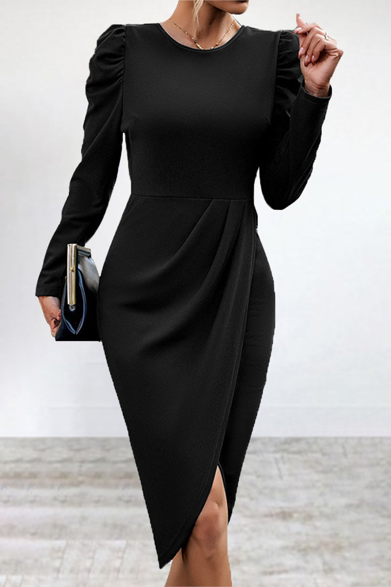 Elegant Solid Slit Asymmetrical O Neck Irregular Dress Dresses - Fashionpara