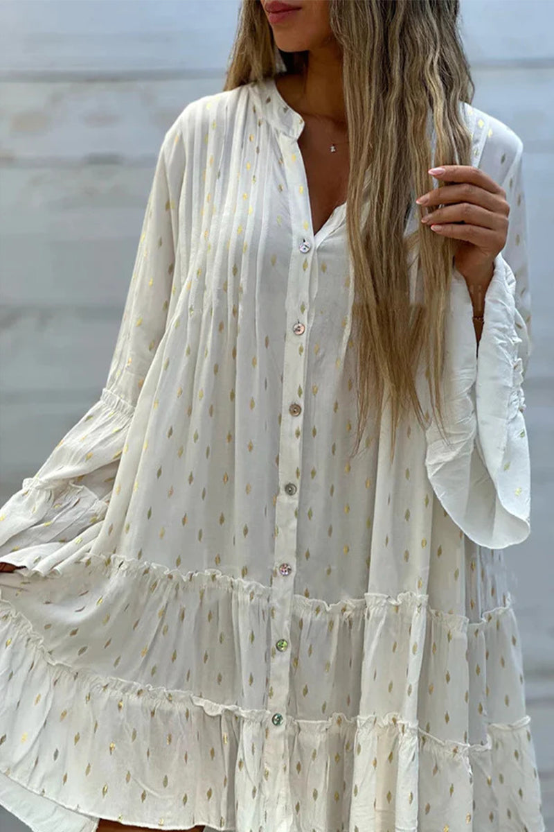 Sweet Cute Bronzing Flounce O Neck Printed Dress Dresses - Fashionpara