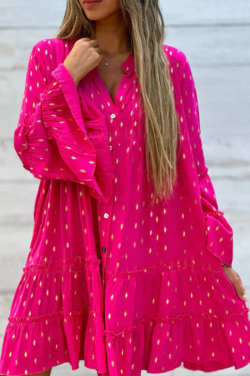 Sweet Cute Bronzing Flounce O Neck Printed Dress Dresses - Fashionpara