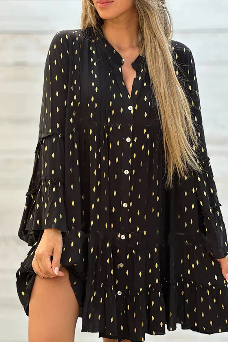 Sweet Cute Bronzing Flounce O Neck Printed Dress Dresses - Fashionpara