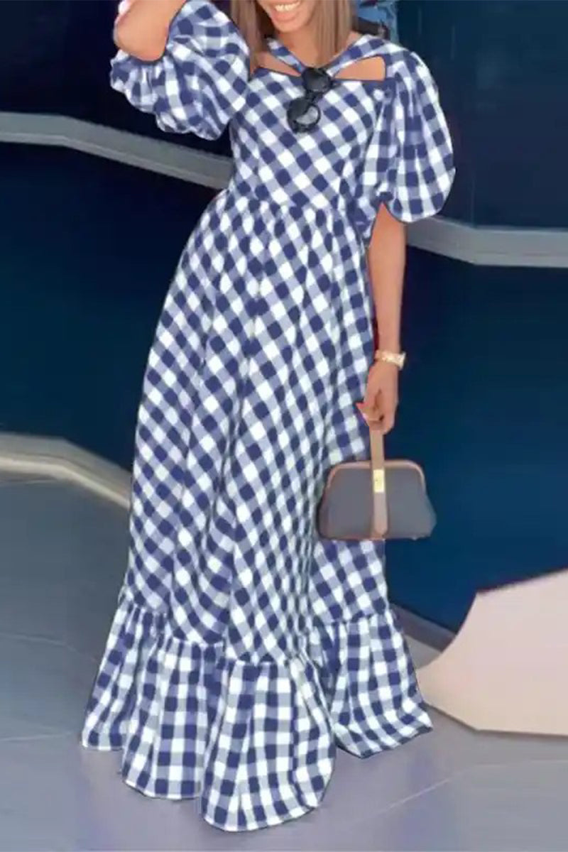 Elegant Plaid Contrast V Neck A Line Short Sleeve Dress - Fashionpara
