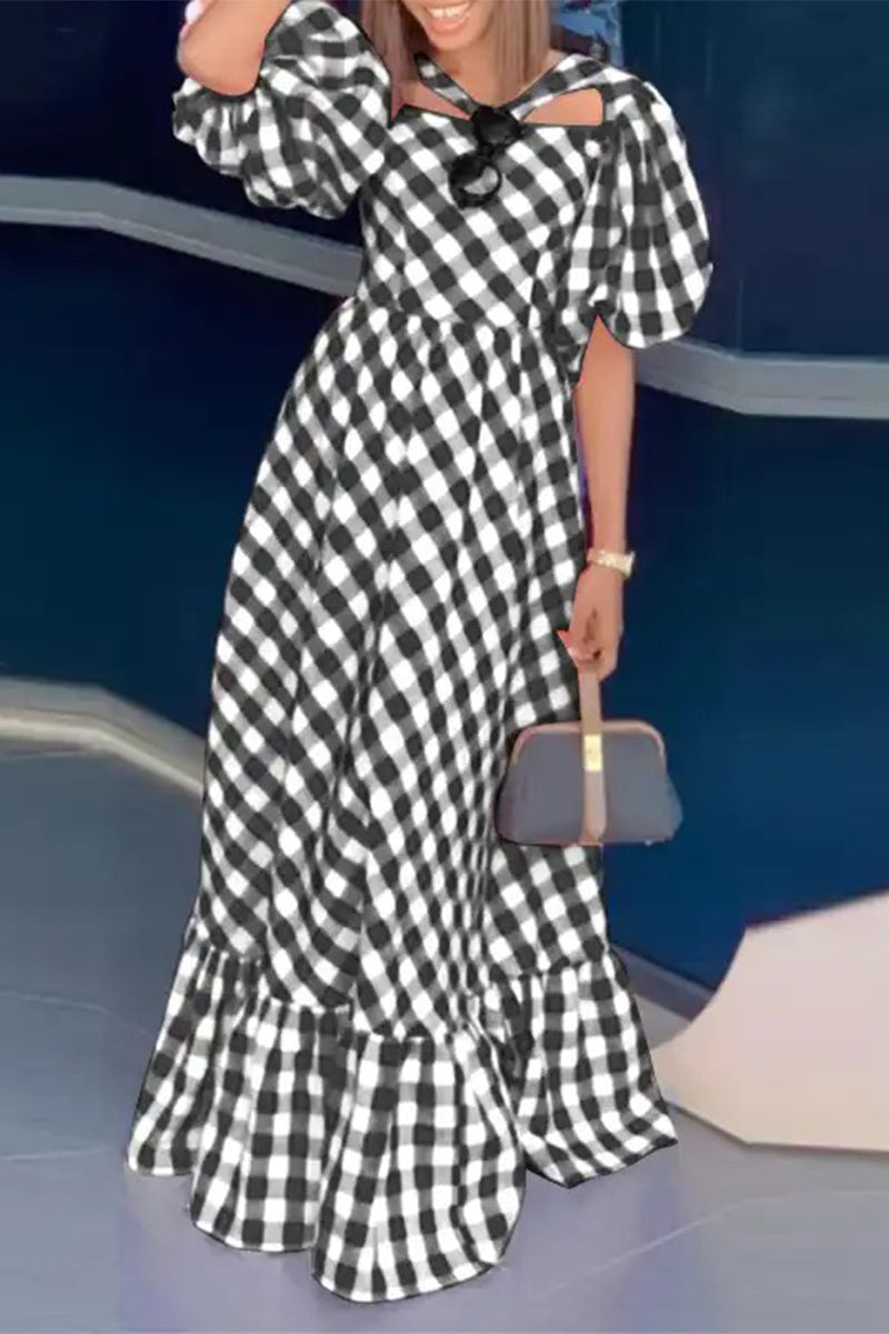 Elegant Plaid Contrast V Neck A Line Short Sleeve Dress - Fashionpara