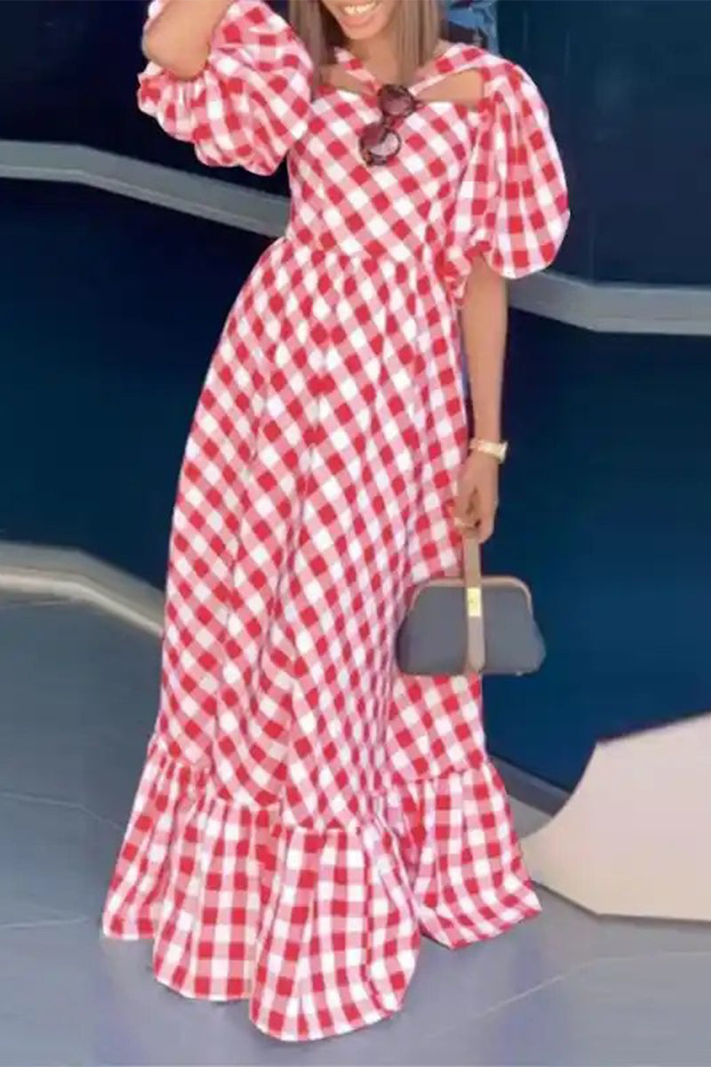 Elegant Plaid Contrast V Neck A Line Short Sleeve Dress - Fashionpara