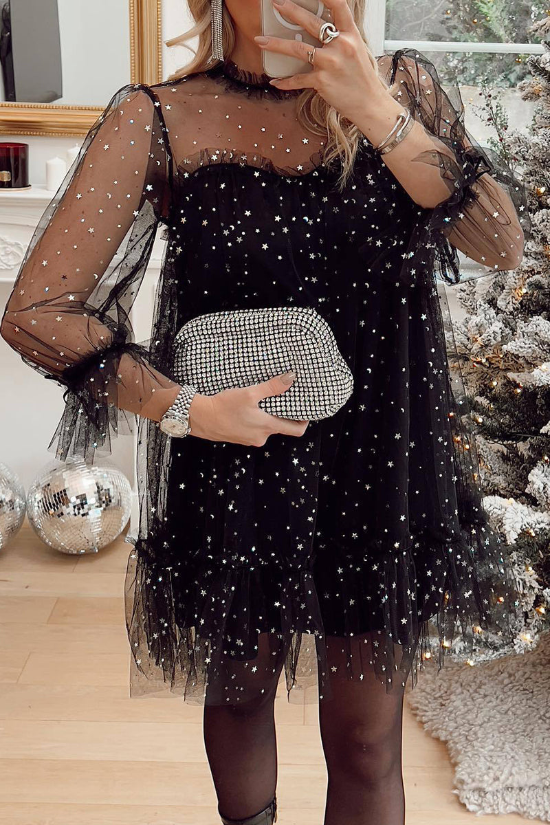 Sweet Cute Solid Patchwork Sequined O Neck Long Sleeve Dresses - Fashionpara