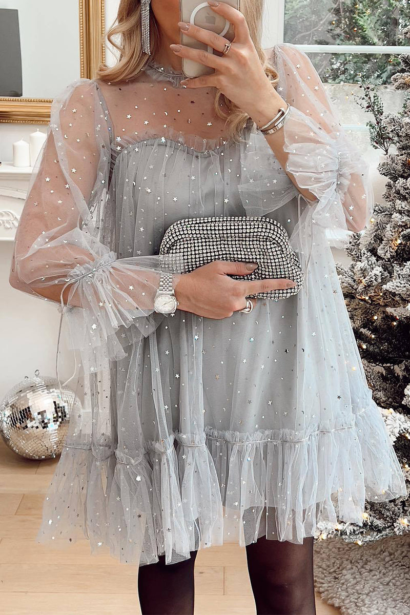 Sweet Cute Solid Patchwork Sequined O Neck Long Sleeve Dresses - Fashionpara