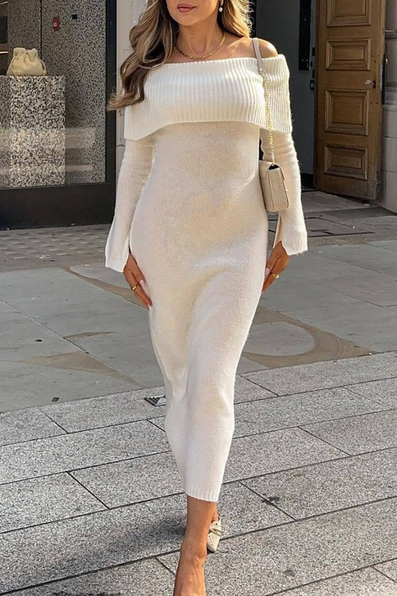 Sexy Solid Hollowed Out Slit Off the Shoulder Long Sleeve Dresses - Fashionpara