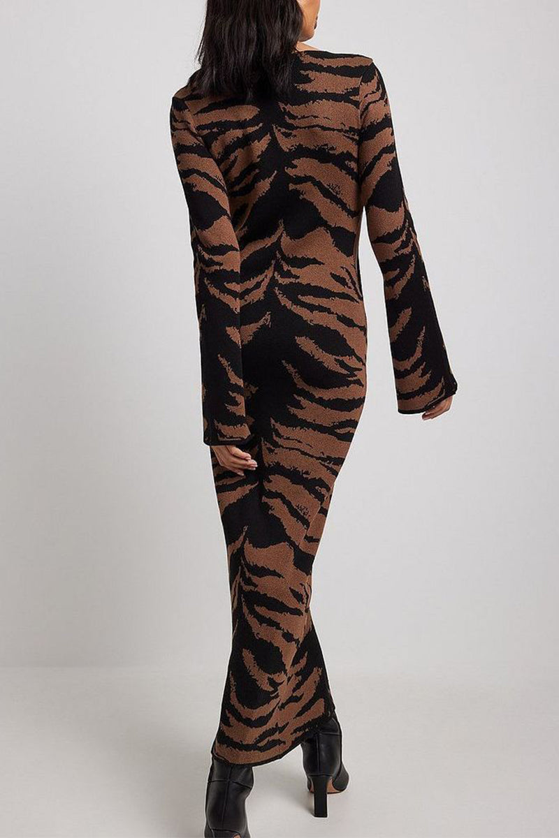 Street Vintage Leopard Jacquard Ripped Weave O Neck Pencil Skirt Dresses - Fashionpara