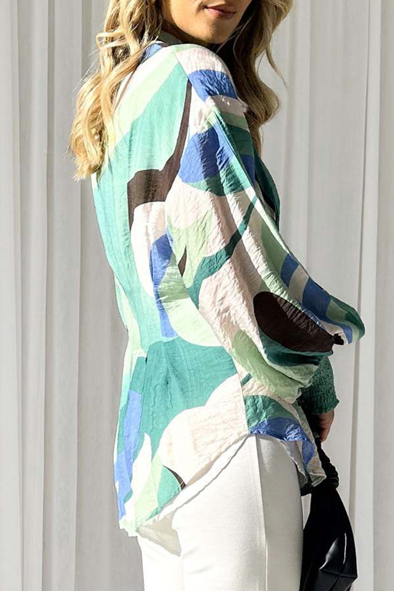 Casual Print Fold Turndown Collar Tops - Fashionpara