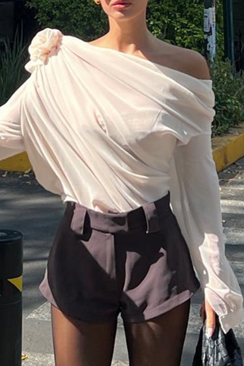 Casual Solid Patchwork Oblique Collar Tops - Fashionpara