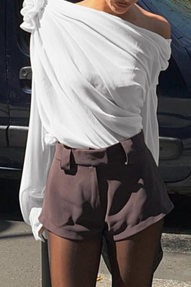 Casual Solid Patchwork Oblique Collar Tops - Fashionpara