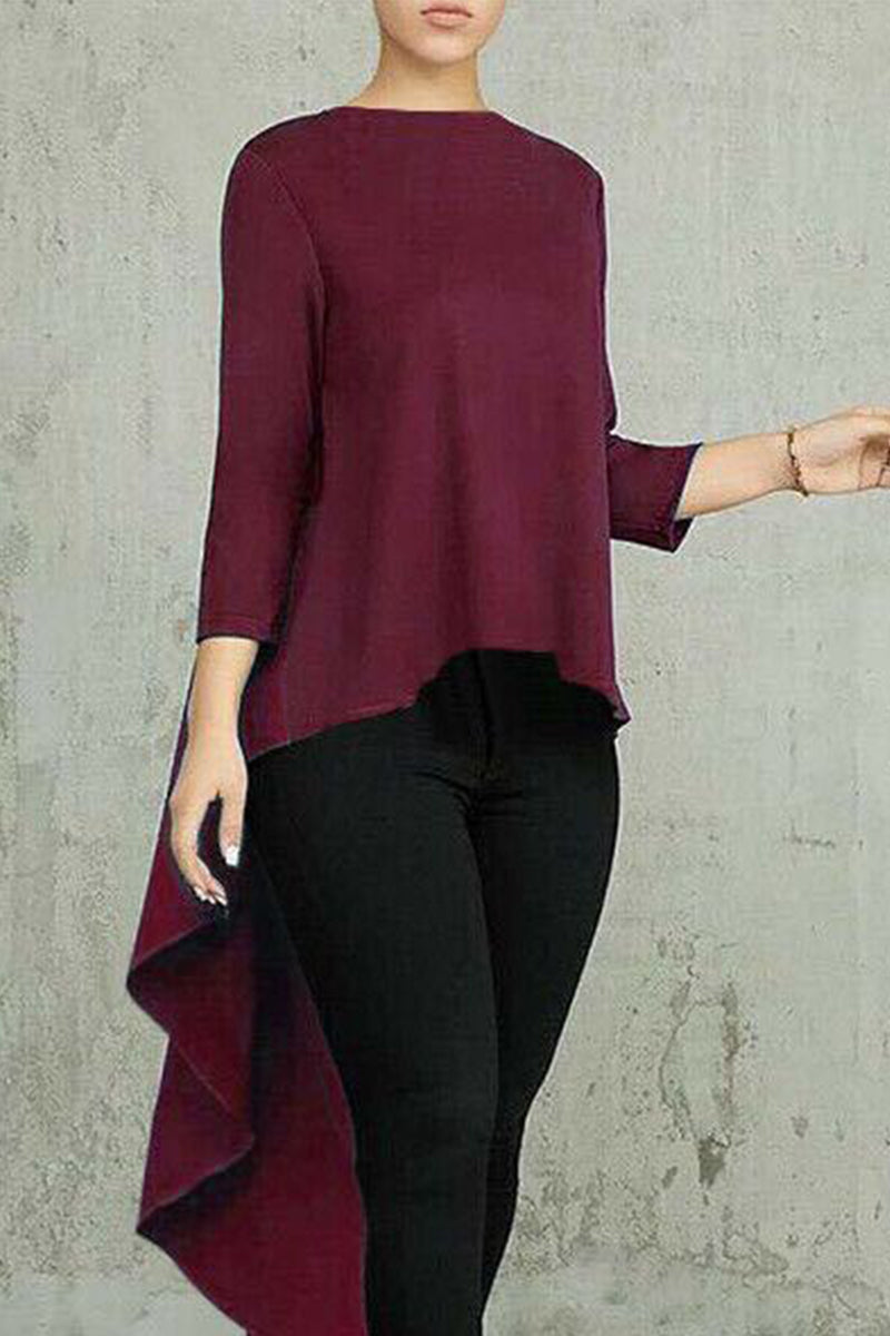 Casual Simplicity Solid Asymmetrical O Neck Tops - Fashionpara