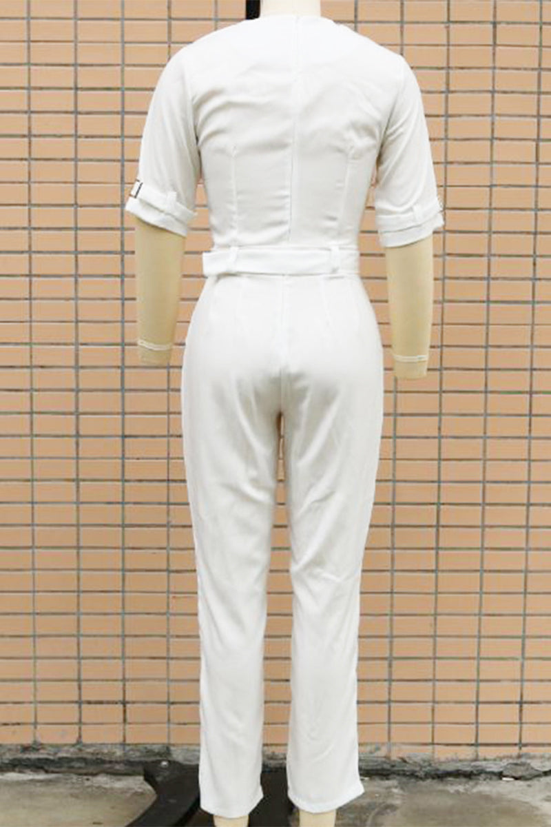 Casual Street Solid Patchwork Buttons Turn-back Collar Regular Jumpsuits(5 Colors) - Fashionpara