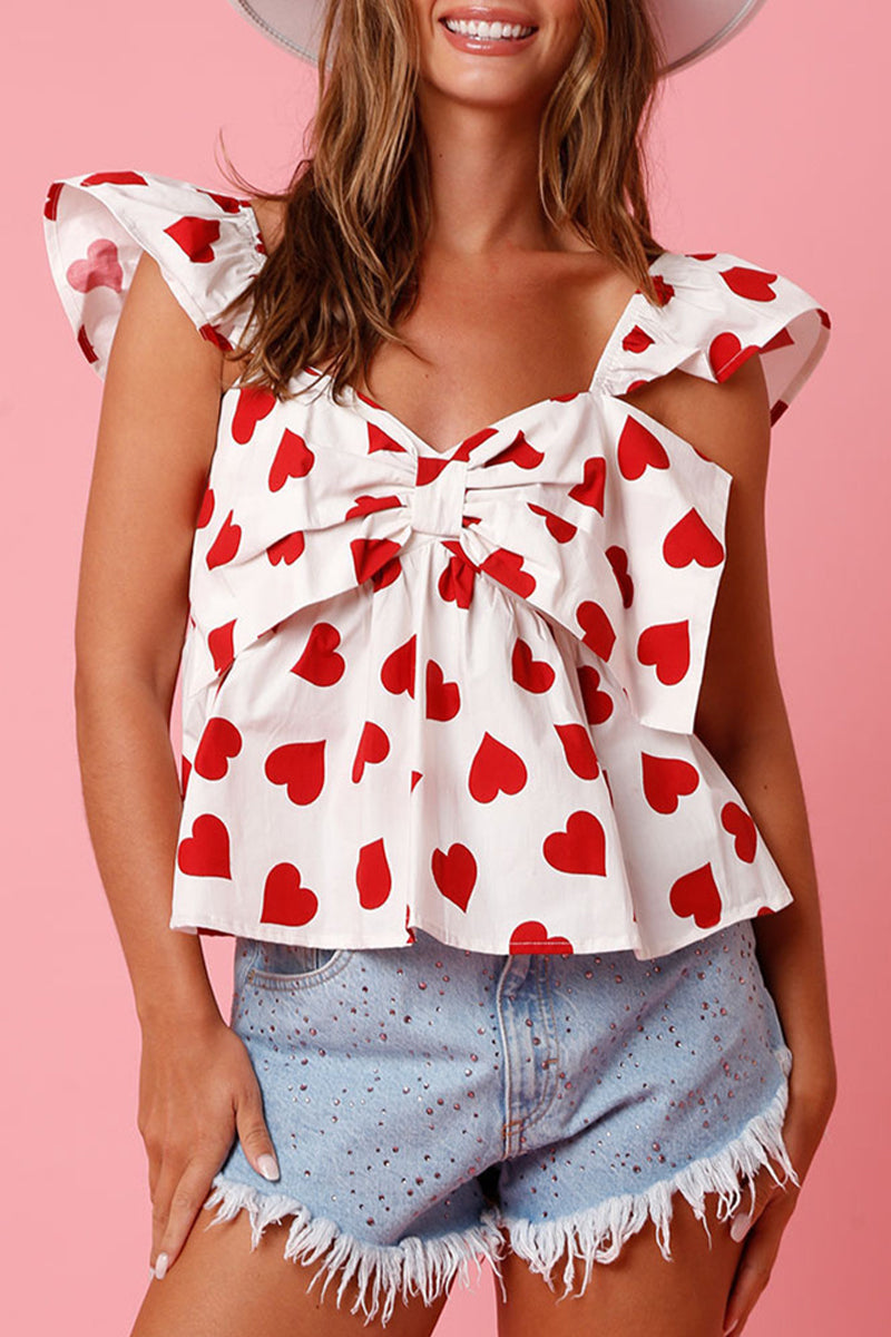 Sweet Cute Geometric Print With Bow V Neck Tops - Fashionpara