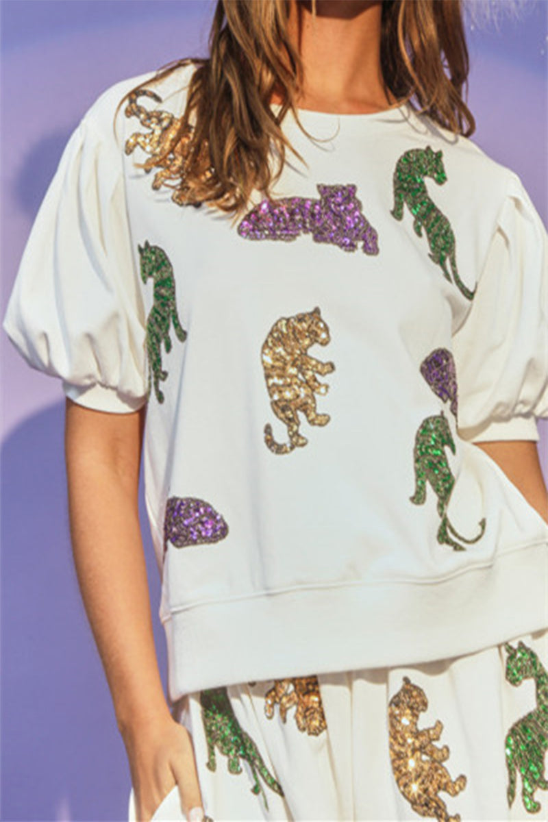 Casual Animal Embroidered Sequins O Neck Short Sleeve Two Pieces - Fashionpara