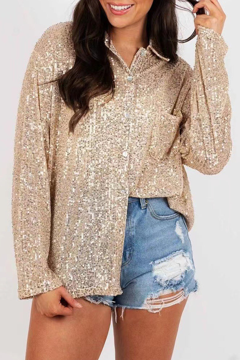 Casual Solid Sequins Turndown Collar Tops - Fashionpara