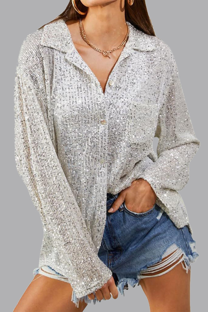 Casual Solid Sequins Turndown Collar Tops - Fashionpara