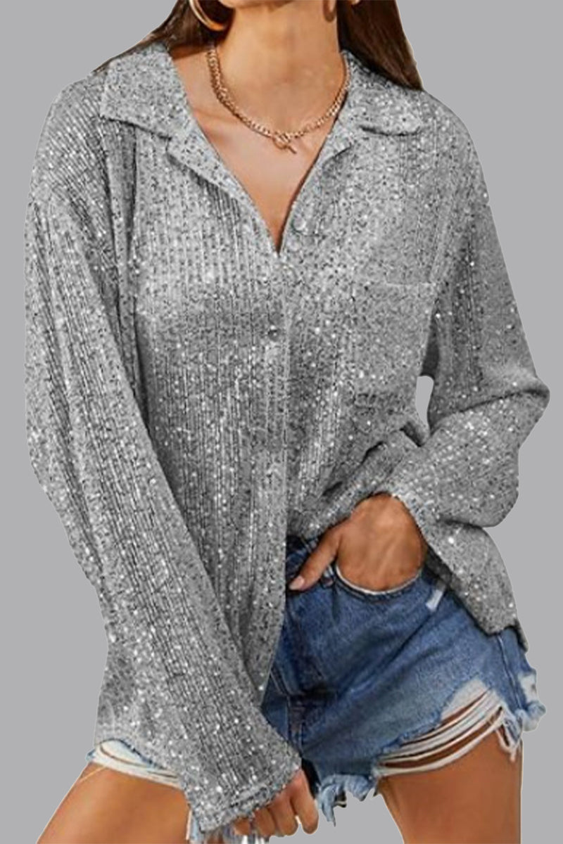 Casual Solid Sequins Turndown Collar Tops - Fashionpara