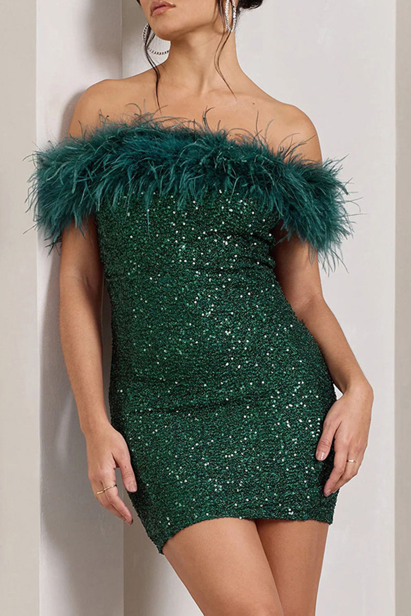 Sexy Solid Sequins Feathers Off the Shoulder Wrapped Skirt Dresses - Fashionpara