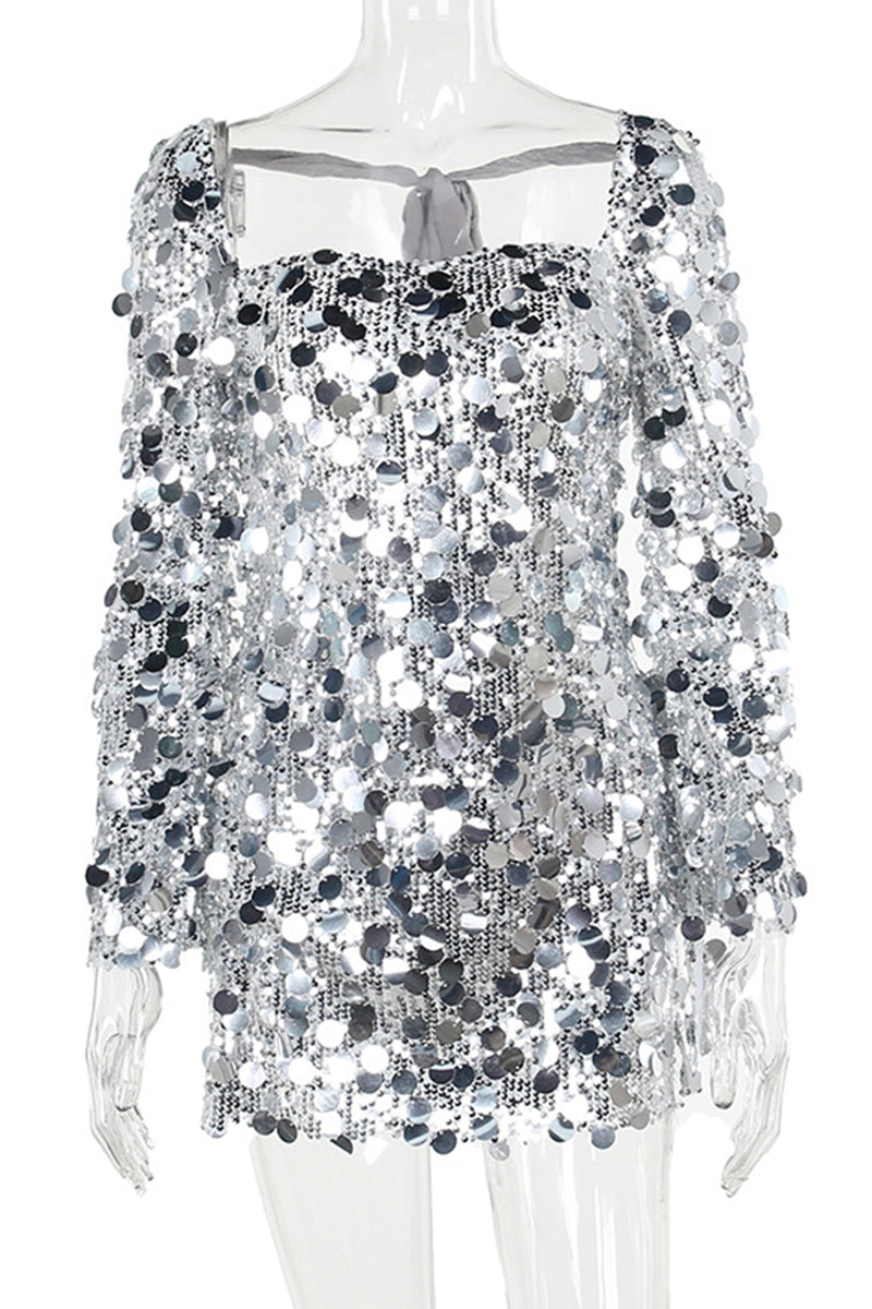 Sexy Solid Sequins Backless Square Collar Waist Skirt Dresses - Fashionpara