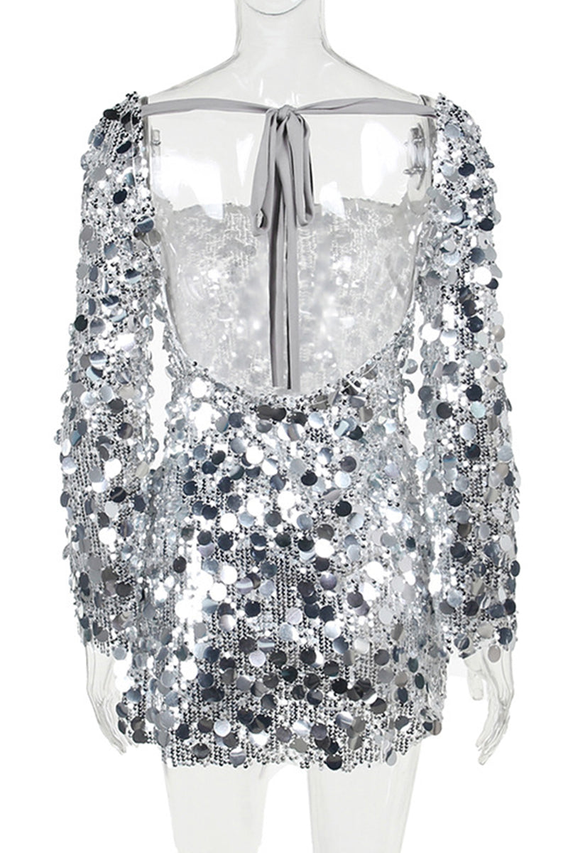 Sexy Solid Sequins Backless Square Collar Waist Skirt Dresses - Fashionpara